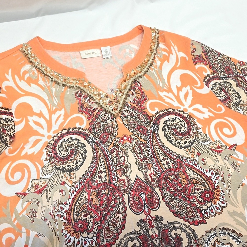 Chicos Knit Top Womens 2 US L Orange Paisley Beaded‎ Split Neck 3/4 Sleeve Boho